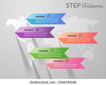 Geometric shape elements with steps,options,processes or workflow.Business data visualization.Creative step infographic with world map template for presentation,vector illustration.