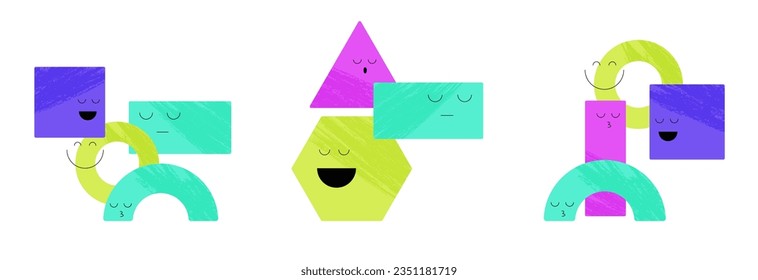 Geometric Shape with Face Emotion Vector Illustration Set. Cute Figure Character for Graphic Design