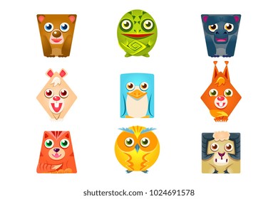 Geometric Shape Flat Cartoon Animals Set Of Colorful Cartoon Isolated Vector Stickers