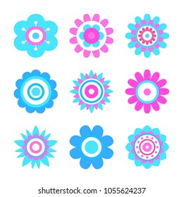 Geometric shape flowers made of simple circles and dots, vector flower heads in blue and pink color vector abstract spring blossoms isolated on white