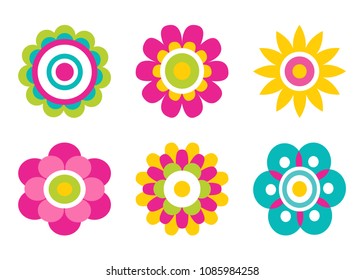 Geometric shape flowers made of simple circles and dots, vector bloom heads color vector abstract spring blossoms isolated on white, set of blooming buds