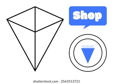 Geometric shape forms pyramid. Circular badge with inverted triangle. Speech bubble with Shop word in white. Ideal for business, ecommerce, branding, navigation, minimalistic. Simple, modern