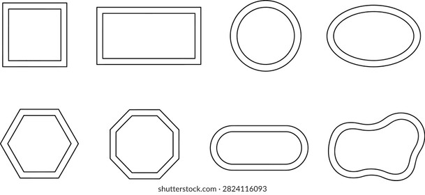 Geometric shape and frame outline set with thin black borders for modern graphic design projects