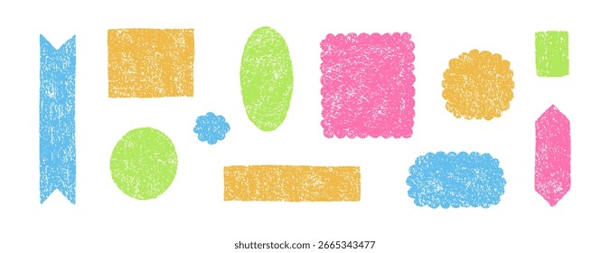 Geometric shape frame set, hand drawn colorful crayon pencil, brush pastel rough chalk texture border. Vector illustration, cute memo stickers and notes