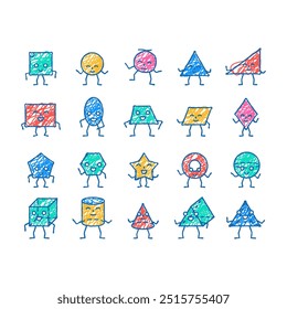 geometric shape funny doodle icons set vector. sketch line art face graphic, design square, circle triangle, flat trendy, rectangle style cute star geometric shape funny color illustrations