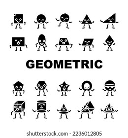 geometric shape funny icons set vector. face graphic, design square, circle triangle, flat trendy, rectangle style cute star geometric shape funny glyph pictogram Illustrations