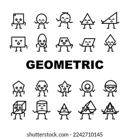 forma geométrica graciosa iconos conjunto vector. gráfico facial, cuadrado de diseño, triángulo circular, trendy plana, estilo rectangular forma geométrica de estrella linda divertida ilustraciones de contorno negro