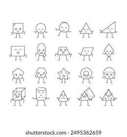 forma geométrica divertidos iconos conjunto Vector. cara gráfica, diseño cuadrado, triángulo circular, plano de moda, estilo rectángulo linda estrella forma geométrica divertido negro contorno ilustraciones
