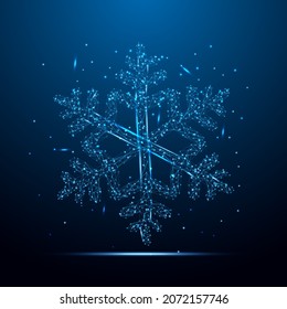 Geometric shape futuristic polygonal vector of Snowflake in the form of a starry sky space. Consisting of points, light, lines, and low poly shapes in the form of design.