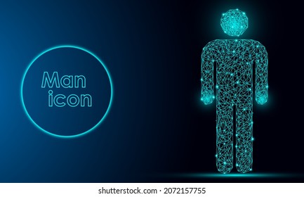 Forma geométrica vector polígonal futurista del icono del hombre en forma de espacio de cielo estrellado. Consta de puntos, luz, líneas y formas de polos bajos en forma de diseño.