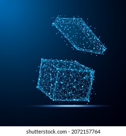 Forma geométrica vector poligonal futurista de caja de regalo en forma de espacio cielo estrellado. Consta de puntos, luz, líneas y formas de polos bajos en forma de diseño.