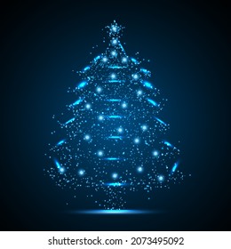 Geometric shape futuristic polygonal vector of Christmas Tree in the form of a starry sky space. Consisting of points, light, lines, and low poly shapes in the form of design.