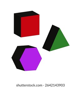 Geometric shape group. 3D object set. Vector colored solids. Polygonal form icon.