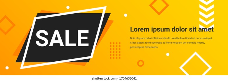 Geometric shape horizontal yellow sale banner. Abstract modern color background. Minimal discount shop design with text. Vector illustration for web, cover, flyer, header, page, brochure, social media