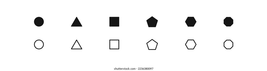 Icono de forma geométrica. Signo de figura abstracta. Símbolos geométricos de círculo, cuadrado, triángulo, hexágono, pentágono, octógono y polígono. Signo aislado del vector.