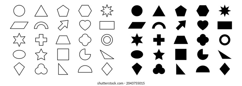 Geometric shape icon set. Black silhouette and line large collection basic figures. Vector isolated on white