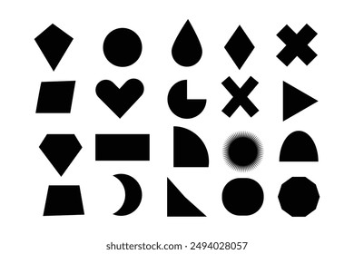 Geometric shape icon set. black silhouette large collection basic figures isolated on white