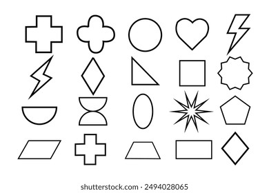 Geometric shape icon set. black silhouette large collection basic figures isolated on white