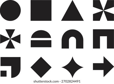  Geometric Shape Icon Set – Black Abstract Vector Symbols and Minimal Design Elements