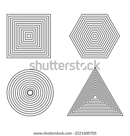 Geometric shape icons. Concentric lines pattern. Square, hexagon, circle, triangle. Vector abstract design.