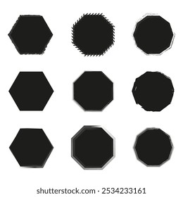 Iconos de forma geométrica. Formas hexagonales y octágonas. Bordes ásperos y lisos. Siluetas negras de Vector.