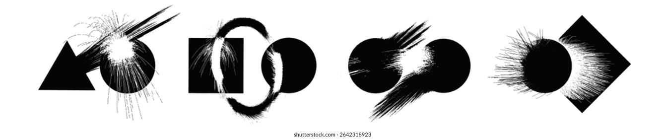 Geometric shape icons set with rough edges. Concept of opponents clash. Stamps, badges, labels, tags in grunge style for your design.