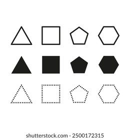 Geometric shape icons. Varied polygon designs. Solid and dotted outlines. Vector illustration.