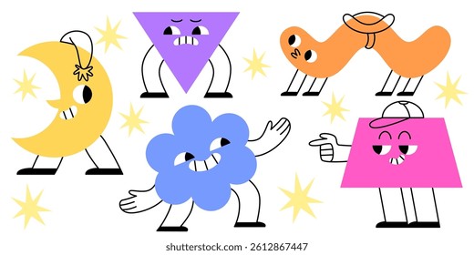 Geometric shape mascots set isolated on white background. Flat vector illustration of cute triangle, moon, flower, trapezium, line characters with smiling faces, legs and arms, early education symbols