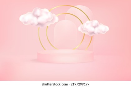 La forma geométrica de la luz de neón con la pantalla de producto de podio y el anillo circular en el medio, el Vector en ilustraciones 3D moldea las nubes del cielo sobre el fondo de color sólido. 