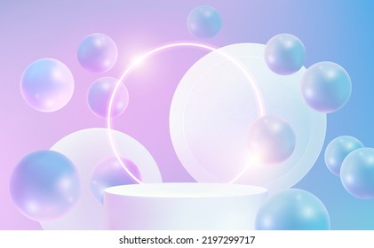 Forma geométrica de la luz de neón con la pantalla de producto podio y el anillo circular en el medio, Vector en ilustraciones 3D forma las nubes del cielo fondo azul pastel. 