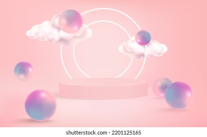 Geometric shape neon light with podium product display and the circle ring in the middle, Vector in 3D illustrations shape sky clouds background. 