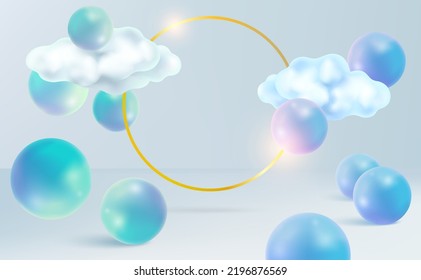 Forma geométrica de la luz de neón con la pantalla de producto podio y el anillo circular en el medio, Vector en ilustraciones 3D forma el fondo de las nubes del cielo. 