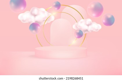 Resumen de la forma geométrica de la escena de la luz del neón con la pantalla del producto del podio y el anillo circular en el medio, Vector en ilustraciones 3D forma las nubes del cielo fondo azul pastel. 
