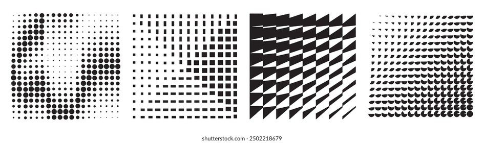 Geometric shape. Optical illusion. Op art in black and white unique  pattern. Circle, semicircle, square, triangle gradually decrease in size, wave-like effect, movement, depth, perspective illusion.