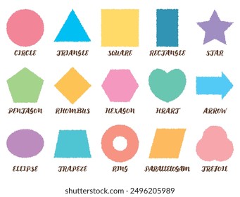 Geometric shape outline collection diagram element for education. Colorful star, hexagon, triangle, square and circle or round. Cartoon flat vector.Cartoon cute geometry shapes. Preschool comic object