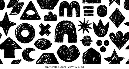 Geometric shape pattern. Brush crayon figure. Abstract seamless background. Black memphis shape vector. Paint of organic figure and stroke, bold black white bg, charcoal texture. Geometric pattern