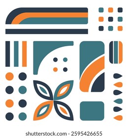 Geometric Shape Pattern. Seamless Abstract Print with Simple Elements. Trendy Flat Style Background. Sample can be used for Packaging, Cover, Wrapping, Cards. Vector in Green, Orange, Dark Blue, White
