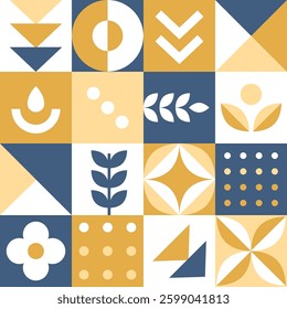 Geometric Shape Pattern. Seamless Abstract Print with Simple Elements. Mosaic. Trendy Flat Style Background. Sample can be used for Packaging, Wrapping, Cards, Bags. Vector in Blue, Yellow, White