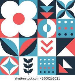 Geometric Shape Pattern. Seamless Abstract Print with Simple Elements. Mosaic. Trendy Flat Style Background. Sample can be used for Packaging, Wrapping, Cards, Bags. Vector in Blue, Red, White, Black
