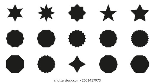 Geometric Shape Pixelated Icon Set. Pixel Art Symbol Collection Of Geometric Stars And Circles. Isolated Vector Illustration.