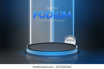 Geometric shape podium with blue neon light on blue and white beam line background. Vector illustration