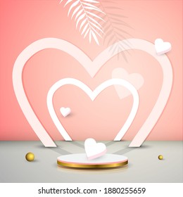 Geometric shape podium in pink background with leaves. Mock up, show cosmetic scene, product presentation template design. 3d render vector illustration 
