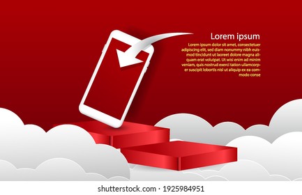 Geometric shape podium in red background with clouds, mobile mock up design. Product presentation template design. 3d render vector illustration