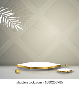 Geometrisches Podium auf weißem Hintergrund mit Blättern. Mock-up, Show-Kosmetik-Szene, Produkt-Präsentation Vorlage Design. 3D-Vektorgrafik