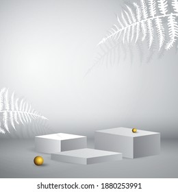 Geometrisches Podium auf weißem Hintergrund mit Blättern. Mock-up, Show-Kosmetik-Szene, Produkt-Präsentation Vorlage Design. 3D-Vektorgrafik
