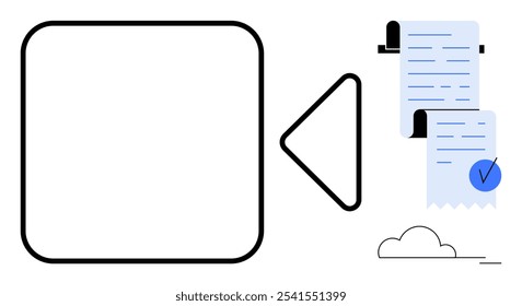 A geometric shape pointing to a document and a cloud. Ideal for business administration, digital documentation, cloud storage, efficiency, and organization. Clean lines and simple style