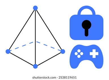 A geometric shape with points and lines on the left and blue icons of a lock and game controller on the right. Ideal for technology, security, gaming, education, design. Simple, modern style