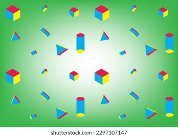 geometric shape red blue yellow square, triangle and cylinder seamless pattern on green background 