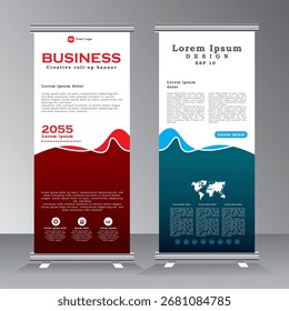 geometric shape roll up banner design for your project, pull up banner, x banner, welcome standees, vertical red and blue color banner template, vector eps 10