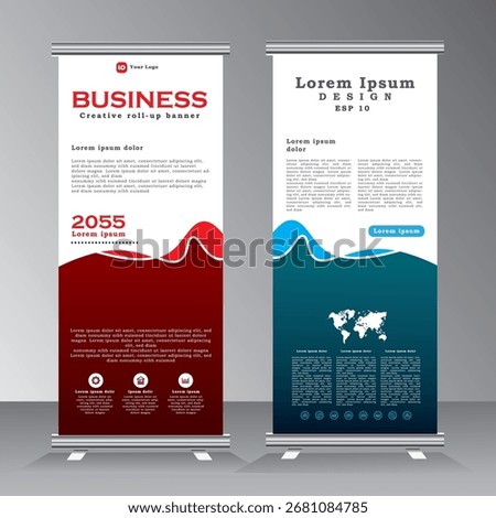 geometric shape roll up banner design for your project, pull up banner, x banner, welcome standees, vertical red and blue color banner template, vector eps 10